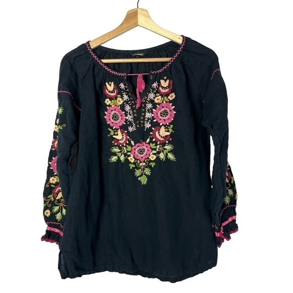 J Peterman Black Floral Embroidered Boho Long Sleeve Blouse S - Picture 1 of 5